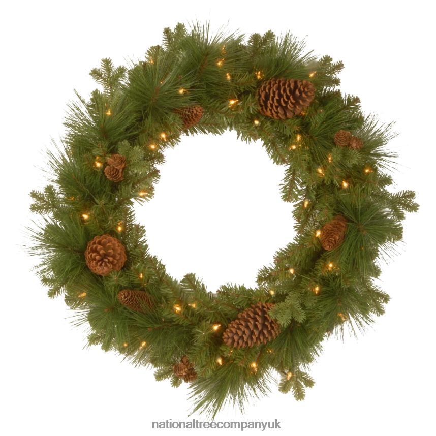 Greenery | National Tree Company Pre-Lit Artificial Christmas Wreath Green Eastwood Spruce White Lights Decorated with Pine Cones Christmas Collection 24 Inches F2L4F263